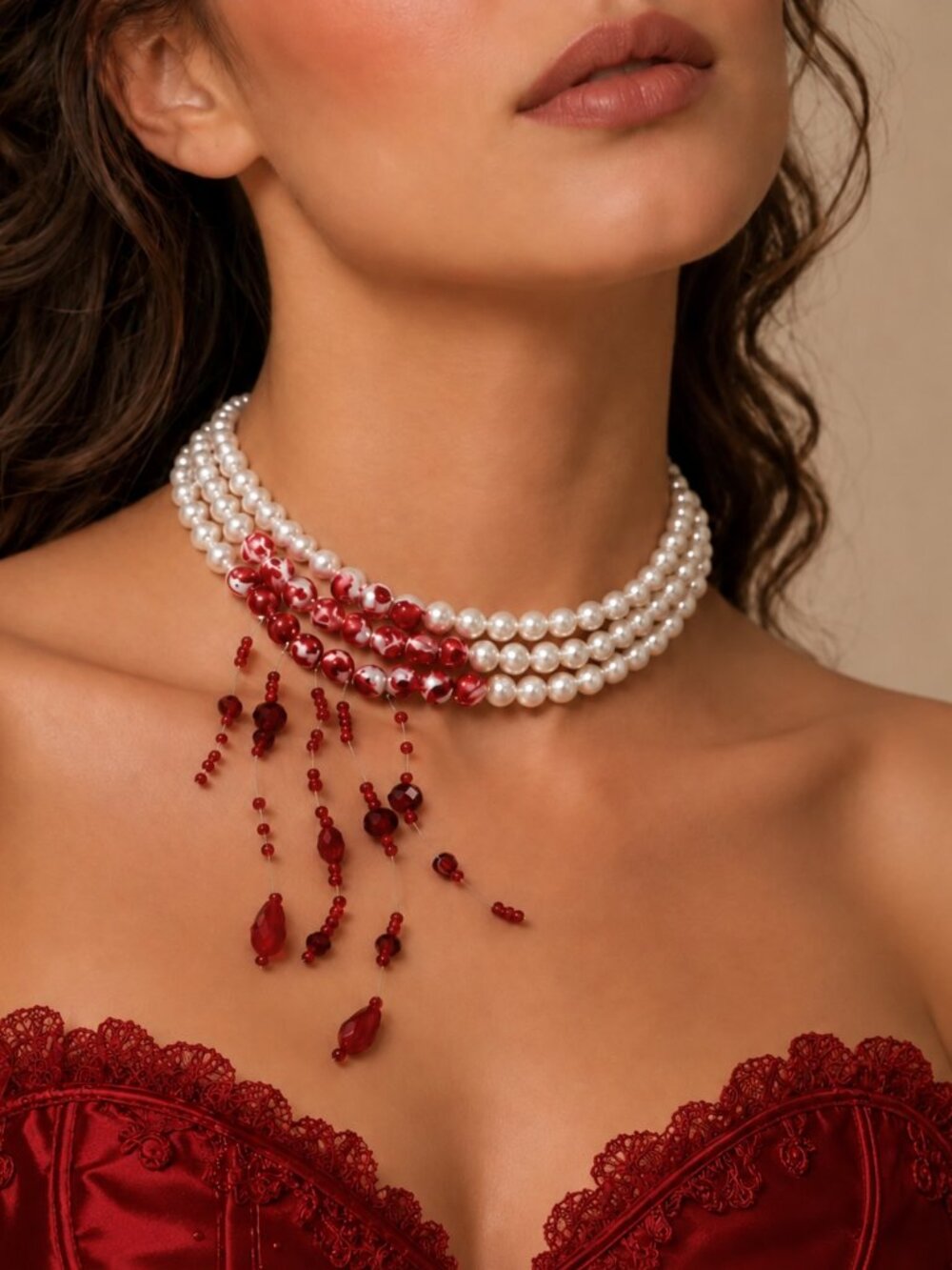 Vampire Bite Pearl Choker Red Crystal Drop Gothic Necklace